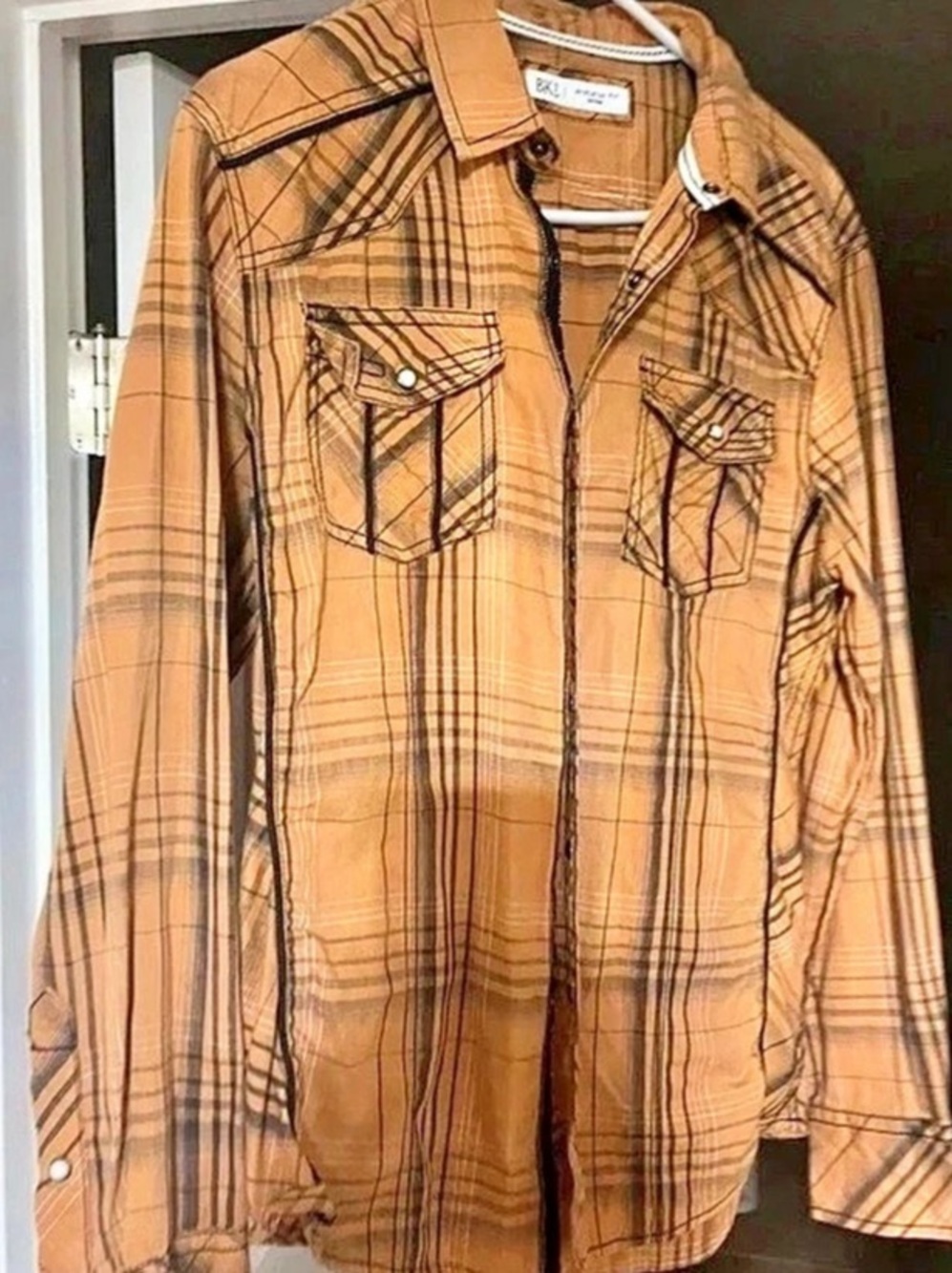BKE Athletic Fit Plaid Western Snap Shirt Brown & Black Size Medium